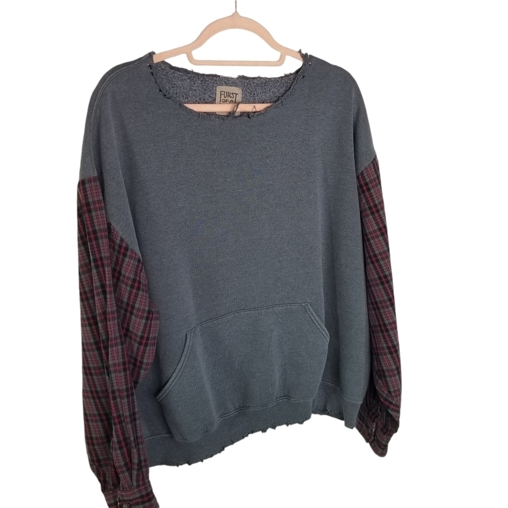 Furst of a Kind upcycled redone plaid flannel sweatshirt distressed
